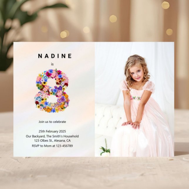 Foral 8º Aniversário Convite Primavera Estilo Mode (Spring Floral Themed Birthday Party Invitation, 8th Birthday Photo Invitation, Eight Year Old Girl B)