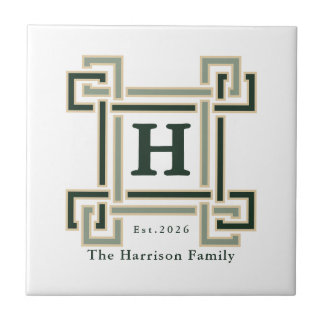 Forest Green Greek Key Monogram Family Crest