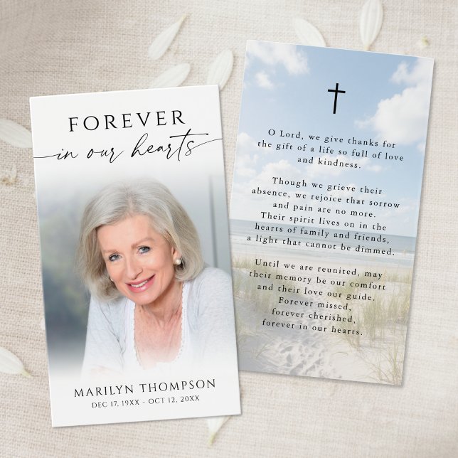 Forever in Our Hearts Photo Beach Prayer Cards (Criador carregado)