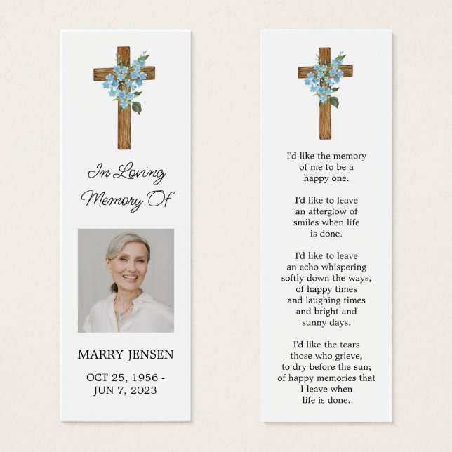 Forget me not Cross Photo Funeral Bookmark (Frente & Verso)