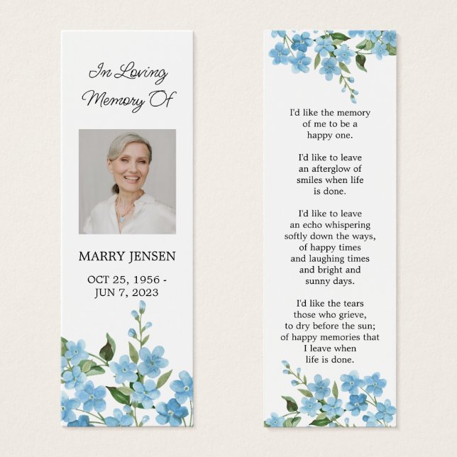 Forget me not Photo Funeral Memorial Bookmark (Frente & Verso)