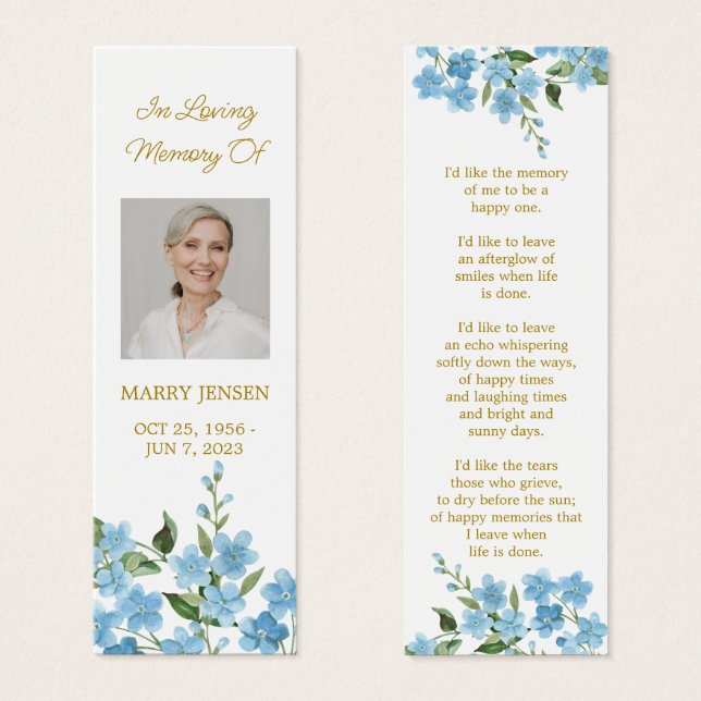 Forget me not Photo Funeral Memorial Bookmark (Frente & Verso)