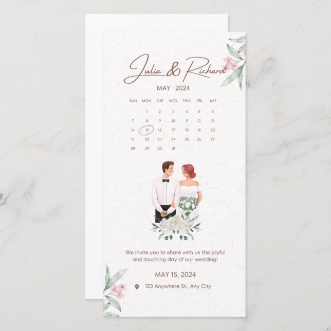 Formal Beige e Green Floral Wedding convite (Frente/Verso)