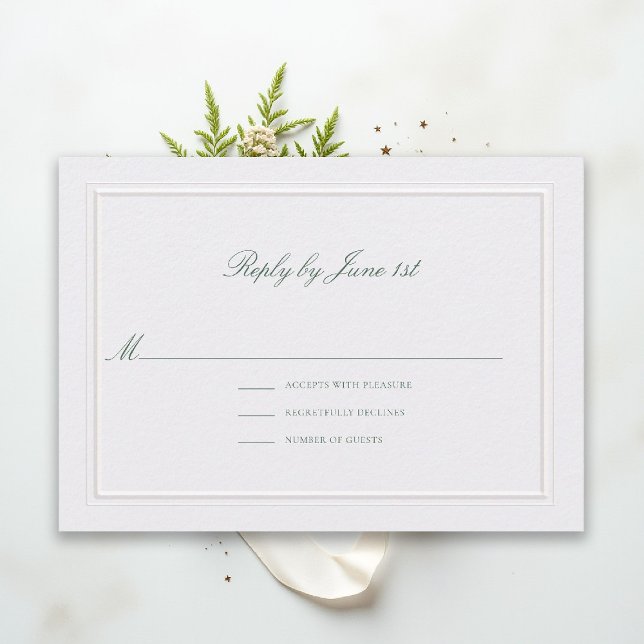 Formal Clássico Verde Elegante Pérola Casamento RS (modern classic wedding rsvp reply forest green type double frame pearl formal traditional stately)