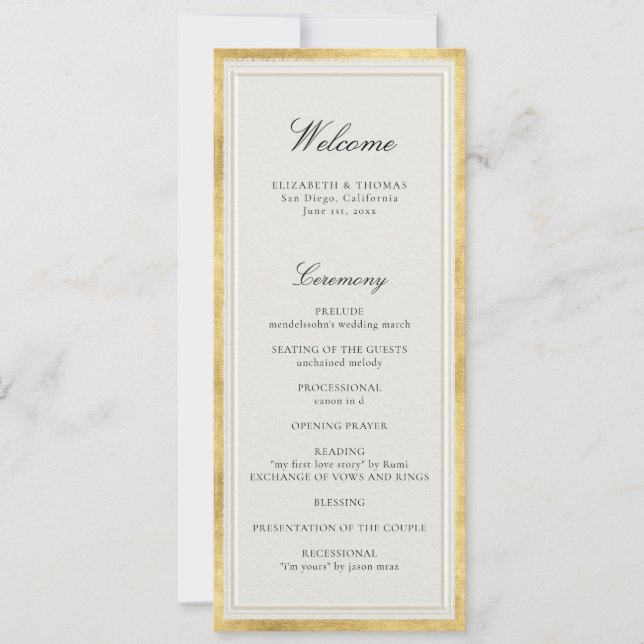 Formal Modern Classic Ecru Gold Wedding Program (Frente)