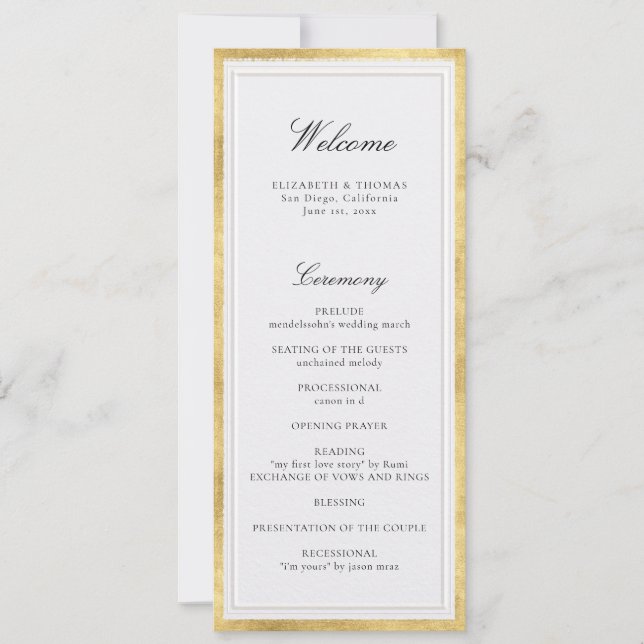 Formal Modern Classic Pearl Gold Wedding Program (Frente)