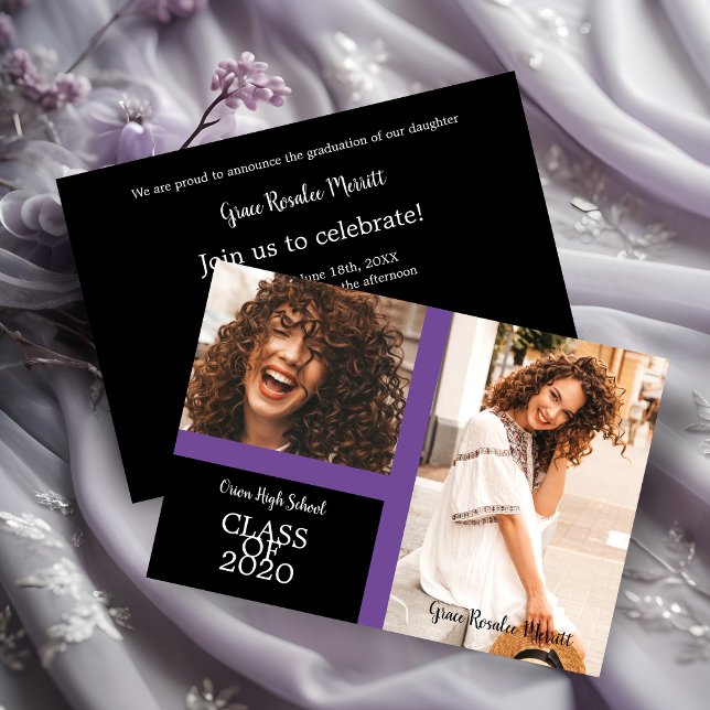 Formando Simples duas Fotos Graduação em Púrpura (Graduate Simple Two Photos Graduation Invitation Card in Purple.)