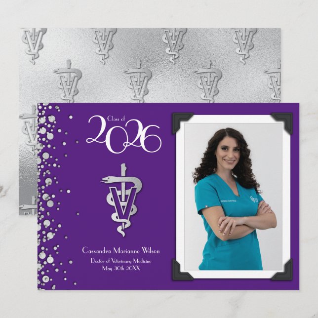 Formatura de Veterinário Anúncio Roxo Prata (Frente/Verso)