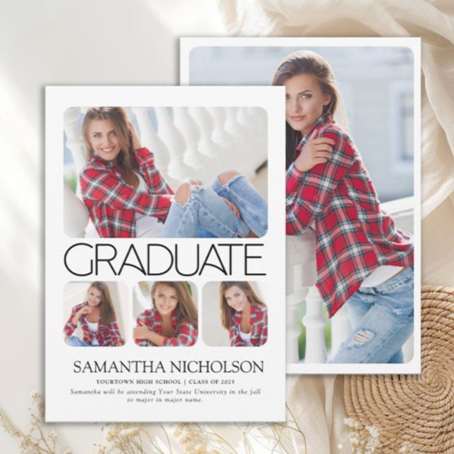 Formatura Moderna e Elegante com 5 Fotos (Modern white 5-photo graduation announcement)