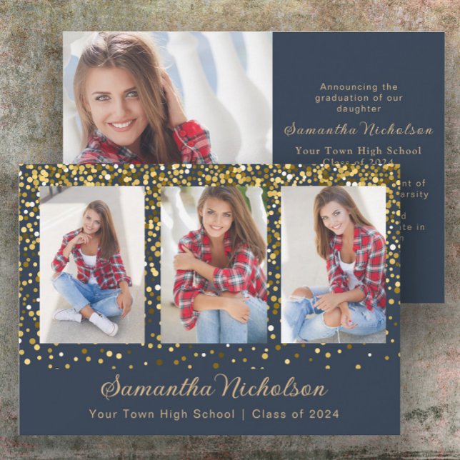 Formatura Navy Blue Gold Glitter Turma de 2024  (Navy blue and gold glitter 4-photo graduation announcement)