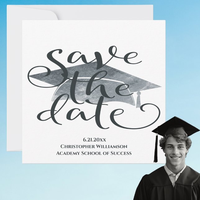 Formatura Simples Moderna Salve A Data (Modern Save The Date Graduation Announcement. Watercolor, gray tones. High School, College)