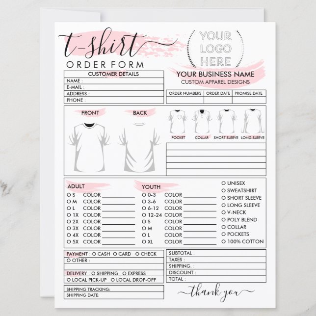 Formulário de pedido de Roupa de vestuário para ca (Frente)