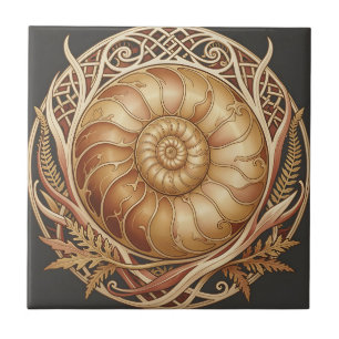 Fóssil de Ammonite Dourado Padrão Ornate Moldura C