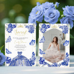 Foto 16 Doce Convite para fotografia Borboleta Azu<br><div class="desc">O "Sweet 16 Photo Invitation Blue Butterfly" é um convite maravilhosamente elaborado ideal para uma doce celebração de 16 fotos. Este convite mostra um fundo azul real adornado com elegantes designs florais de aquarela entrelaçados com borboletas prateadas, infundindo o evento com um toque de elegância e alegria. Projetada pela CaMiDesigns,...</div>