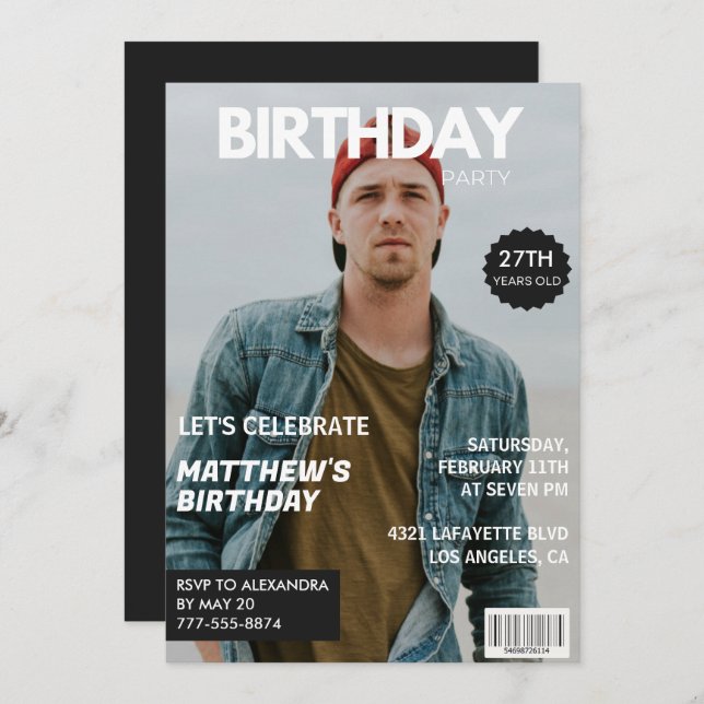 Foto: 27.º aniversário de convites para ele Revist (Frente/Verso)