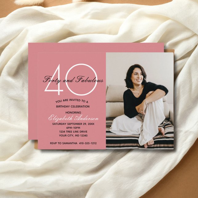 Foto 40 e Fabuloso Convite de Aniversário Rosa (Photo Pink 40th birthday invitation for her. Printed or Digital Download)