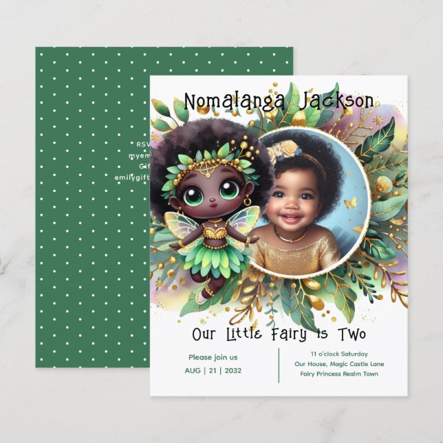 Foto: Aniversário Pequena Fada Negra Verde Dourada (Frente/Verso)