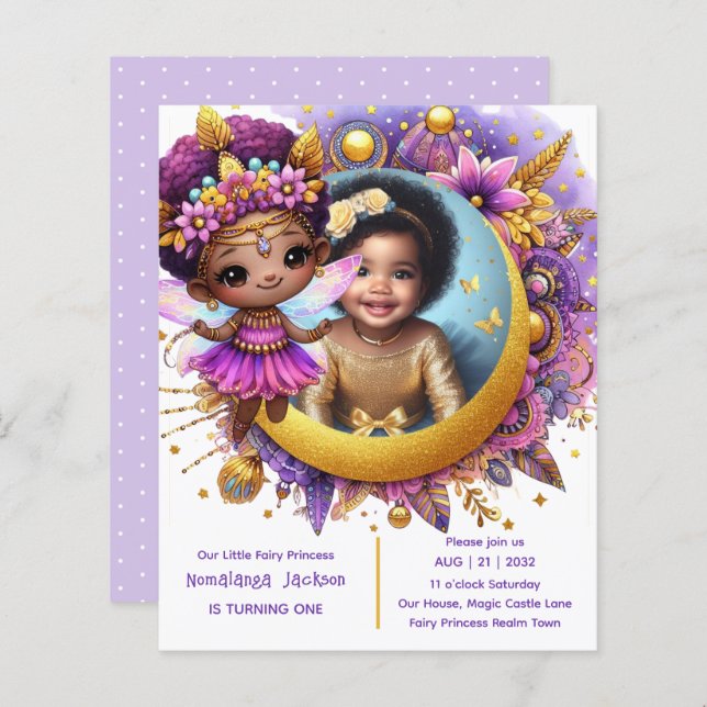 Foto: Aniversário Pequeno Fada Negra Roxo Africano (Frente/Verso)