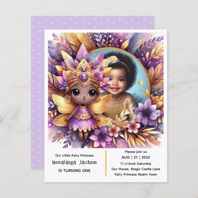Foto: Aniversário Pequeno Fada Negra Roxo Africano (Frente/Verso)