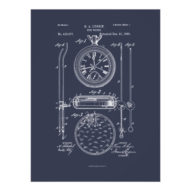 Foto Antique Stopwatch, desenho de patente 1889 (Frente)