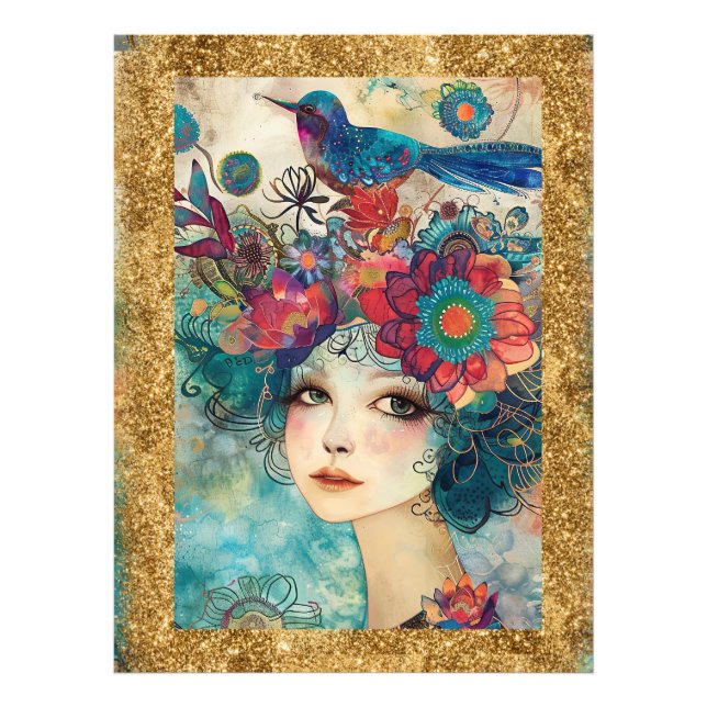 Foto *~ AP95 Mulher Caprichosa Floral Dourado Arte com  (Frente)