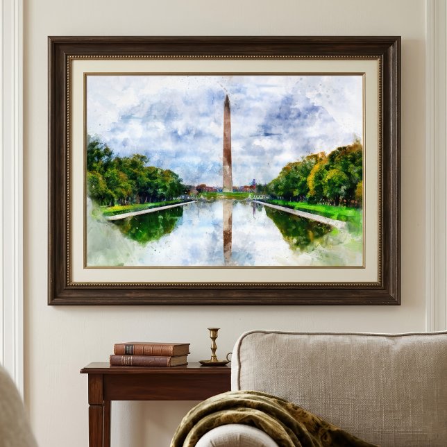 Foto Aquarela do Monumento a Washington com Reflexo (Washington Monument Watercolor with Reflection. Photo Print )