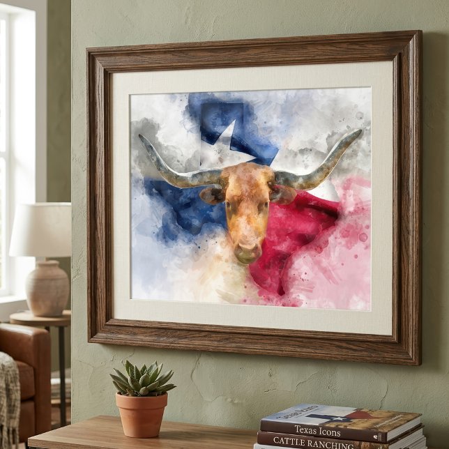 Foto Aquarela do Texas Longhorn com Mapa da Bandeira Ar (Texas Longhorn Watercolor with Flag Map Art. Photo Print)