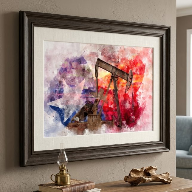 Foto Aquarela do Texas Pumpjack com Arte da Bandeira do (Texas Pumpjack Watercolor with Texas Flag Art. Photo Print)