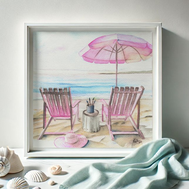 Foto Aquarela pela linha costeira 2 (Watercolor paintings pink beach art by Victoria Grigaliunas of Do Tell A Belle chairs and umbrella)