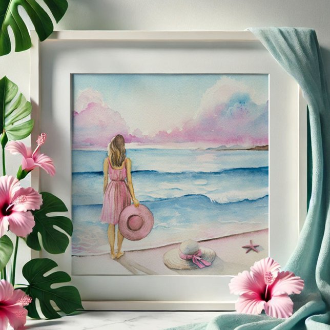 Foto Aquarela por linha de costa (Watercolor beach scene for sale in pink and blue by Victoria Grigaliunas of Do Tell A Belle)