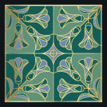 Foto Art Deco Azulejo Floral. Verde, Azul e Dourado<br><div class="desc">O azulejo Art Deco estilizou o padrão floral com bluebells. Azulejos de imitação com contorno de ouro</div>