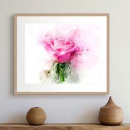 Foto Arte de Aquarela de Rosa Rosa em Fundo Branco