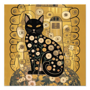 Foto Arte de Gato Preto Decorativo Dourado no Estilo Gu