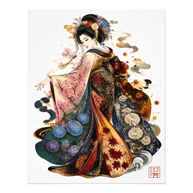 Foto Arte de Geisha Japonesa | Quimono e Flores Sazonai (Frente)
