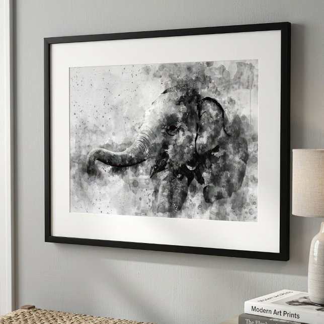 Foto Arte em Aquarela Preto e Branco de Elefante Bebê F (Cute Baby Elephant Black and White Watercolor Art. Photo Print)