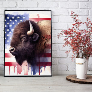 Foto Arte Magnífica de Bisonte Americano e Bandeira Pat