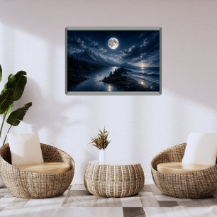 Foto Arte Poster Paredes Lago Montanha Luar - Lua Cheia
