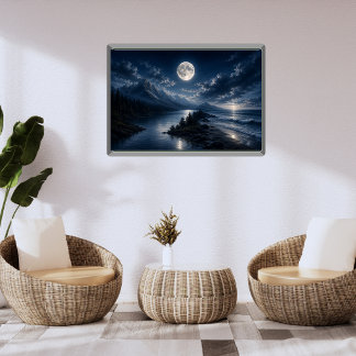 Foto Arte Poster Paredes Lago Montanha Luar - Lua Cheia