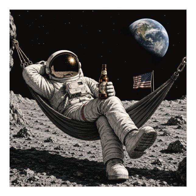 Foto Astronauta Relaxando com Cerveja na Lua (Frente)
