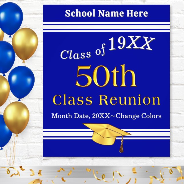Foto Azul, branco e Dourado, 50ª classe Ideias de Reuni (50th class reunion decorations, blue, white and gold high school reunion poster. 50 year reunion.)