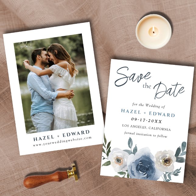 Foto Azul Simples Casamento Salve O Cartão De Data (Simple Dusty Blue Photo Wedding Save The Date Card)