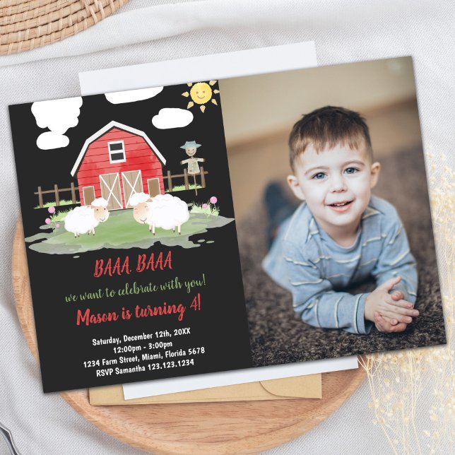 Foto Baa Baa Red House Fazenda Convites de Anivers (Photo Baa Baa Red House Farm Birthday Invitations)