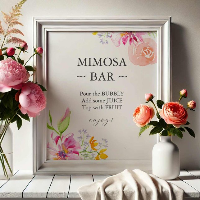 Foto Baby In Bloom Mimosa Bar Sign (baby in bloom party signs features a mimosa bar sign with vibrant pink flowers.)