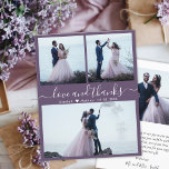 Foto Barata Colagem Mauve Casamento Obrigado Flyer<br><div class="desc">Arranjo de Script Escrito Barato e Elegante Moderno "Amor e obrigados" (3) Colagem de Fotografias Obrigado A Personalizar barato de baixo orçamento. modelo de obrigado de na moda com três fotos na frente e uma foto na parte de trás. ***POR FAVOR, NOTE! *** ROLE PARA BAIXO PARA OBTER MAIS INFORMAÇÕES!...</div>