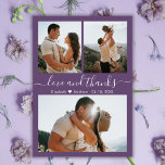 Foto Barata Colagem Mauve Casamento Obrigado Flyer<br><div class="desc">Arranjamento de Script "Amor e obrigados" Moderno Barato e Elegante (3) Colagem de Fotografias Obrigado A Personalizar barato de baixo orçamento. modelo de obrigado de na moda com três fotos na frente e uma foto na parte de trás. ***POR FAVOR, NOTE! *** ROLE PARA BAIXO PARA OBTER MAIS INFORMAÇÕES! ***...</div>