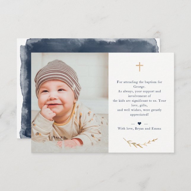Foto batismo Obrigado Cartão Azul Marinho (Frente/Verso)