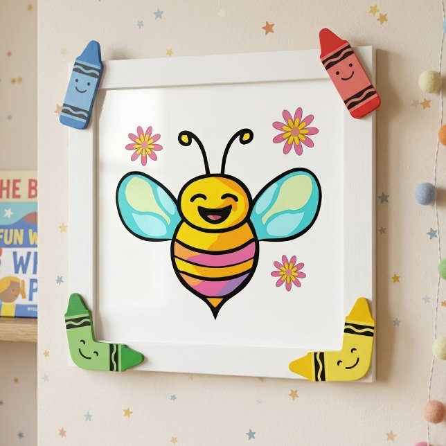 Foto Bebê Abelha Kawaii Sorridente Feliz com Flores Fof (Happy Smiling Kawaii Baby Bee with Cute Flowers. Photo Print)