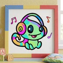 Bebê Camaleão Kawaii Sorridente Com Fones de Ouvid