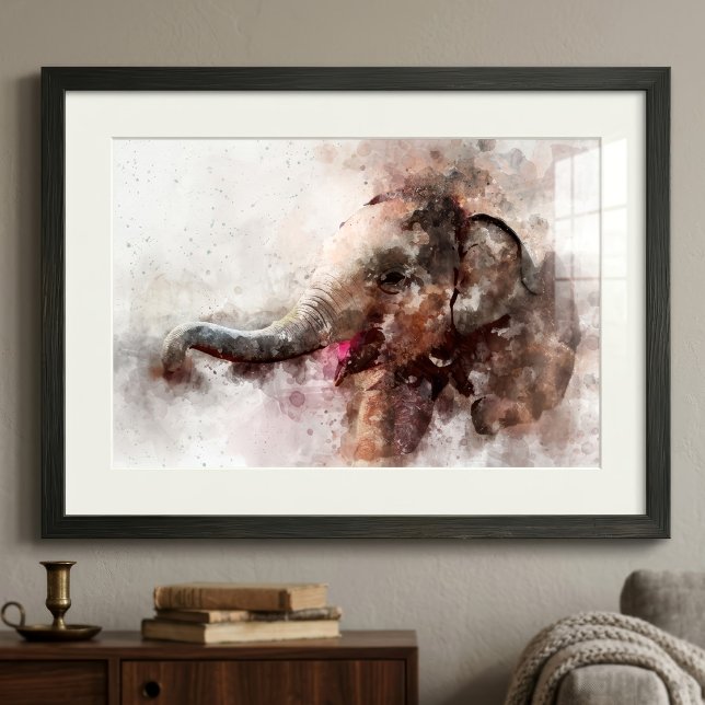 Foto Bebê Elefante Asiático Fofo e Brincalhão em Aquare (Cute and Playful Baby Asian Elephant Watercolor. Photo Print)
