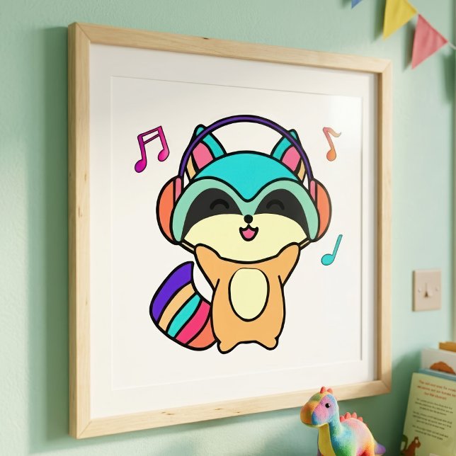 Foto Bebê Guaxinim Kawaii Sorridente com Fones de Ouvid (Cute smiling Kawaii Baby Raccoon with Headphones. Photo Print )